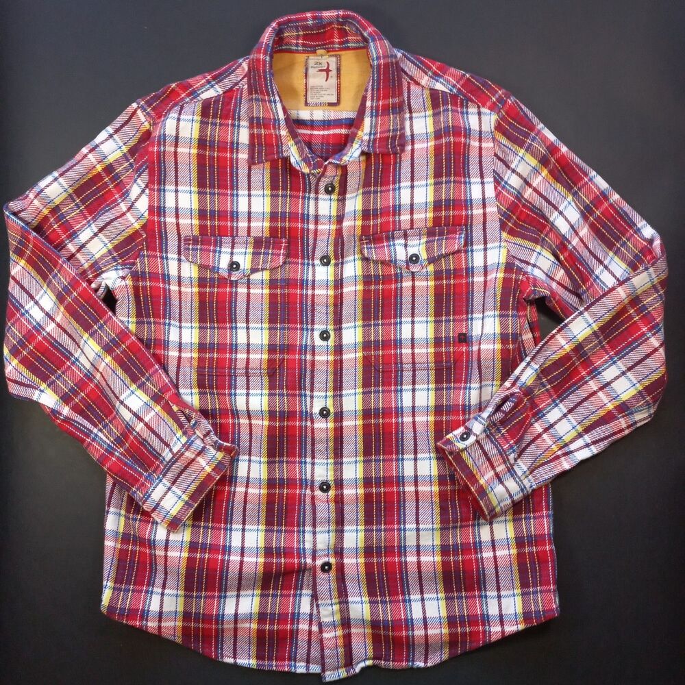 Relwen Blanket Flannel Shirt Mens 2XL Plaid Red Yellow Button Up Shacket